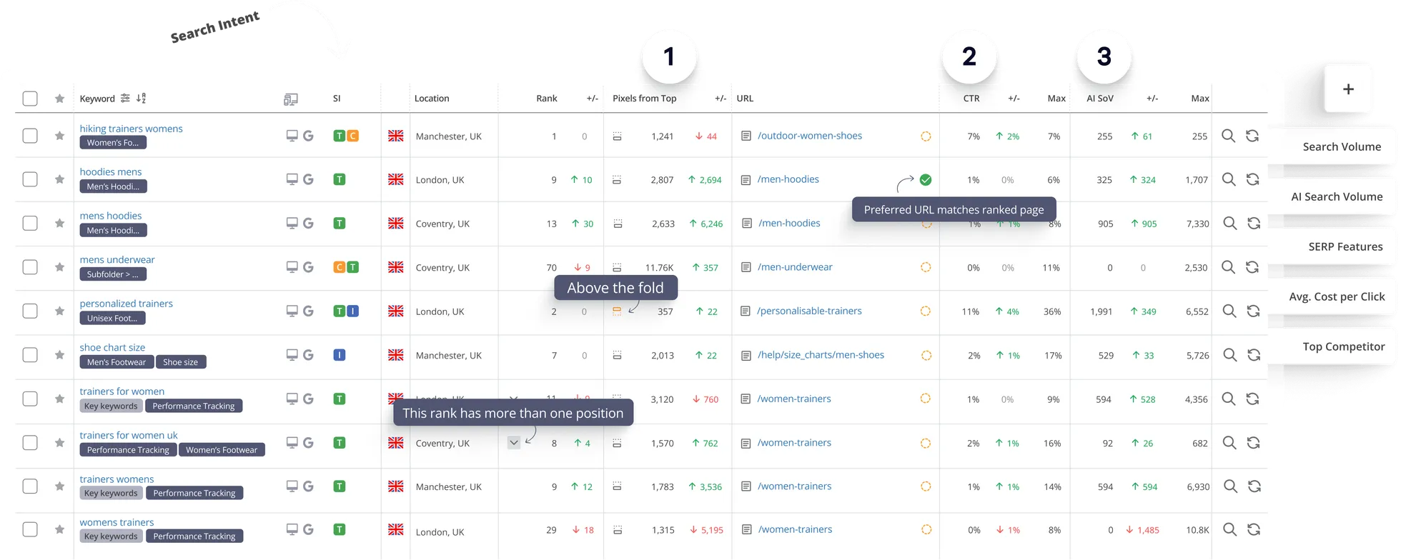 AccuRanker rank tracking view with SERP feature breakdown and position history