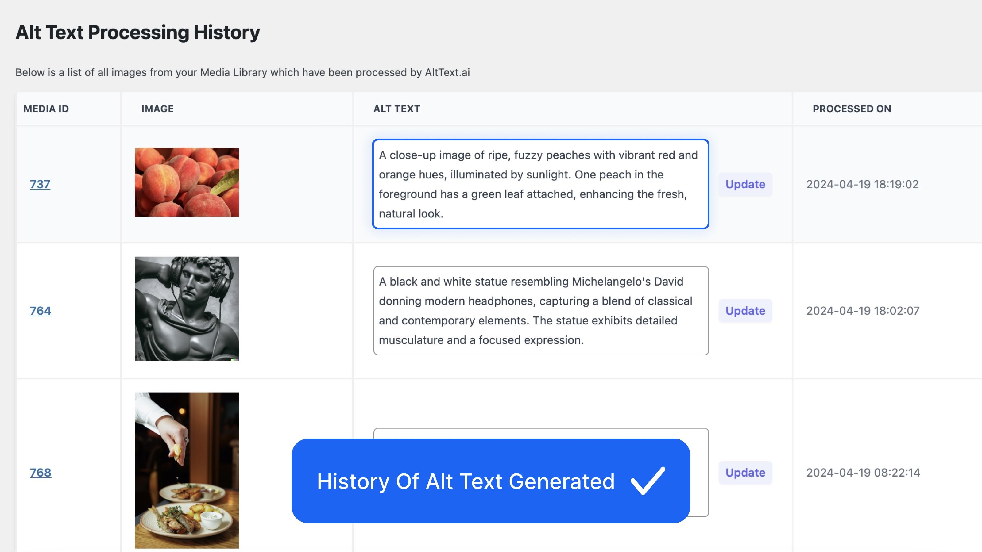 AltText.ai processing history of AI-generated image descriptions
