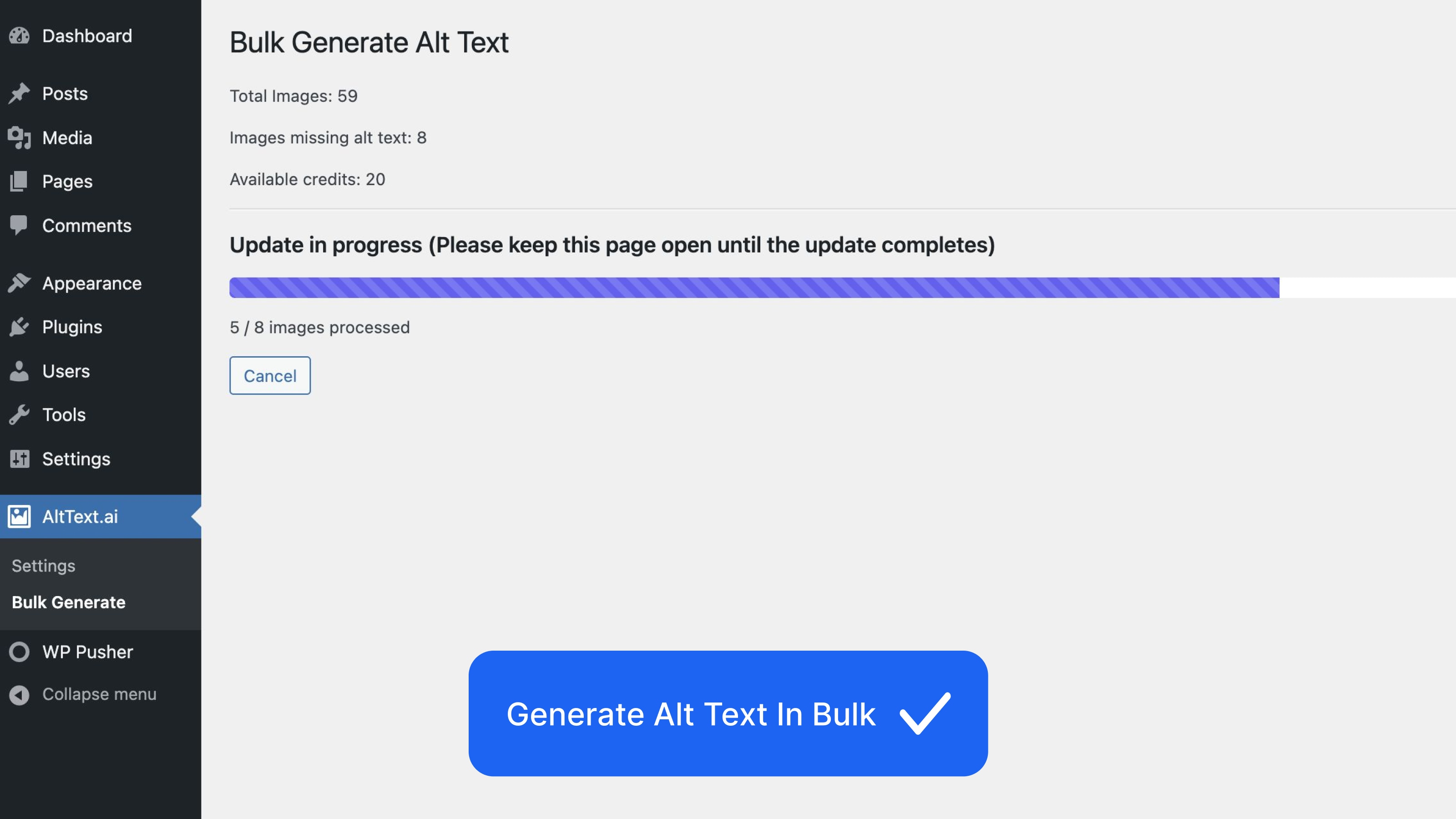 AltText.ai bulk alt text generation in progress