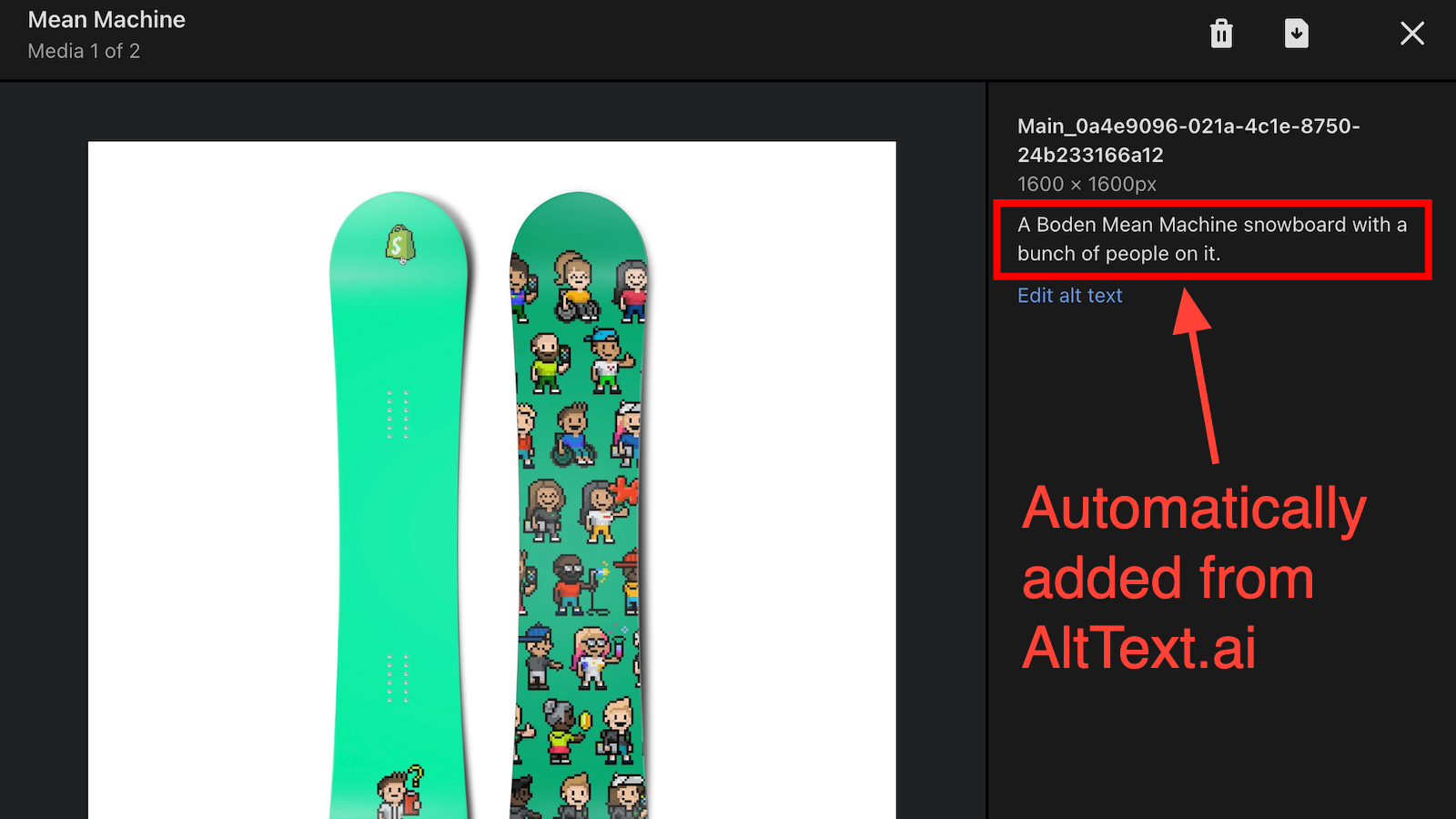AltText.ai adding alt text to a product image directly in the store editor