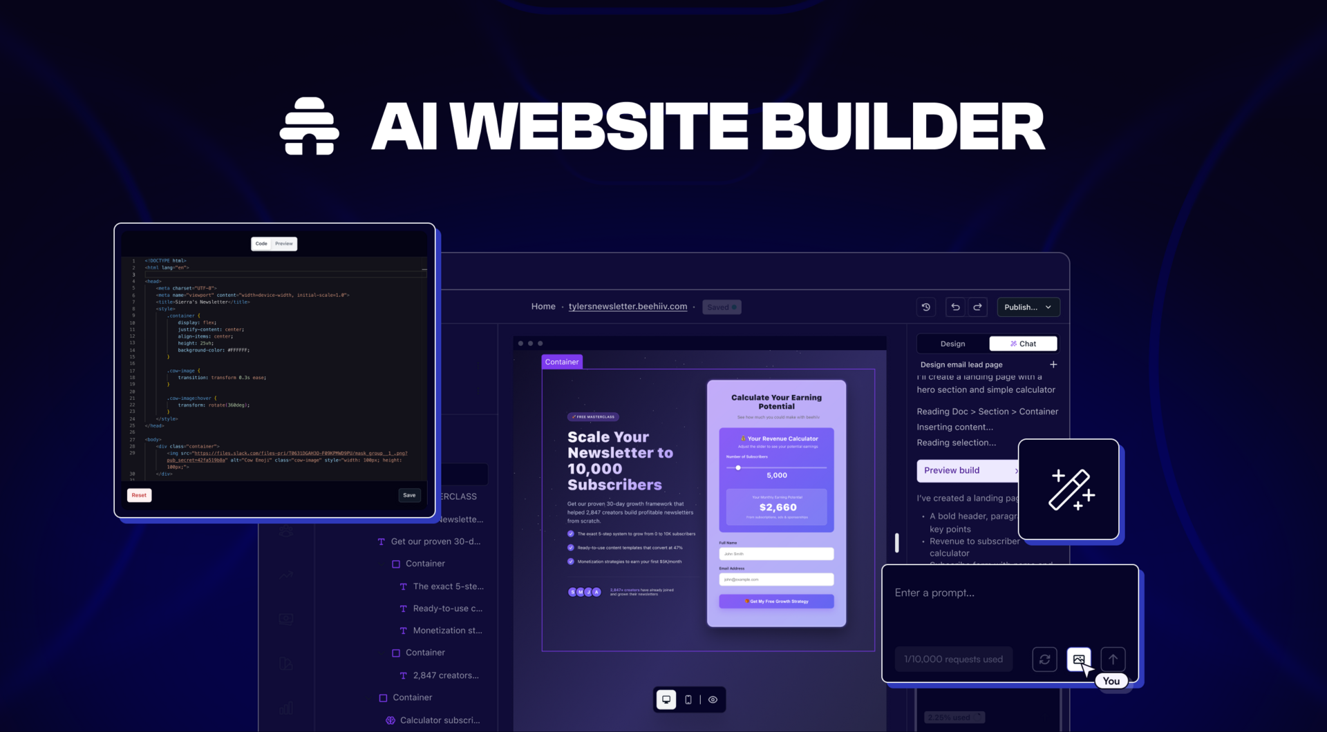 beehiiv AI website builder generating a landing page from a chat prompt alongside a code and preview panel