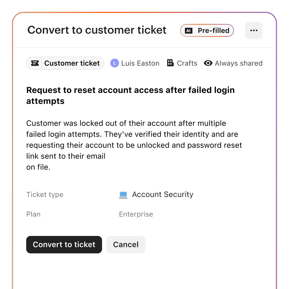 Intercom interface converting an AI-handled conversation into a pre-filled customer ticket
