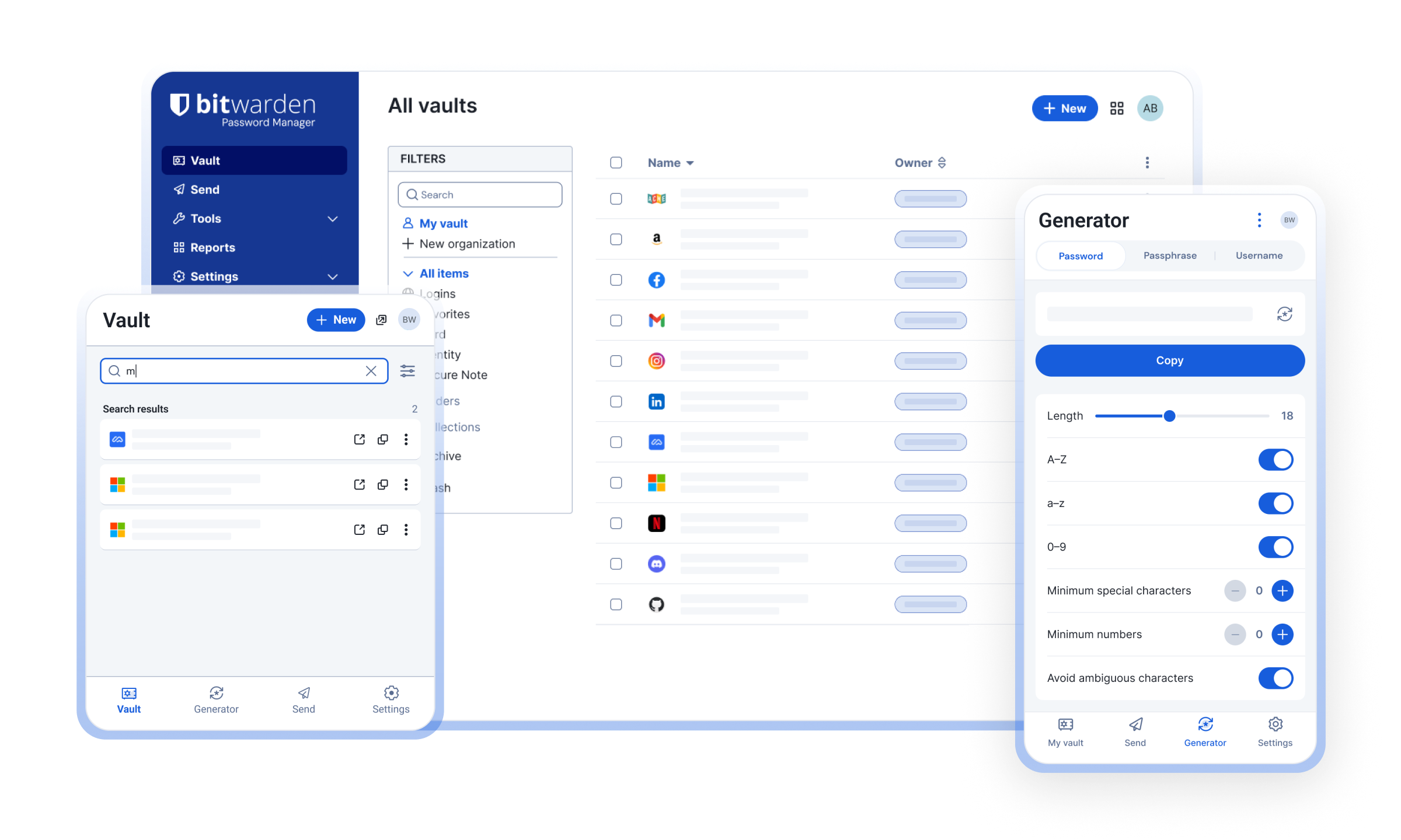 Bitwarden vault interface on desktop and mobile with the password generator open