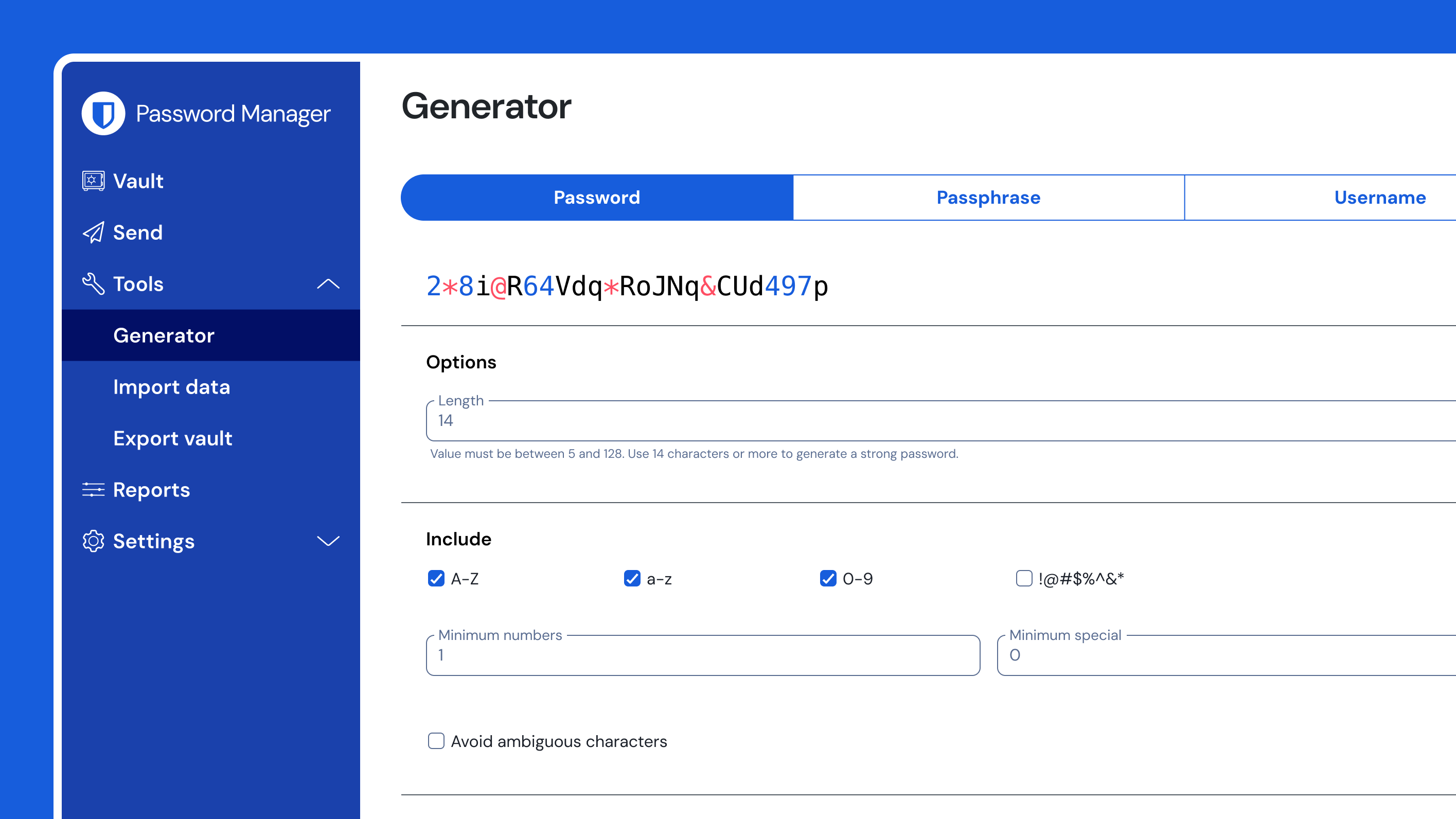 Bitwarden password generator with length and character options