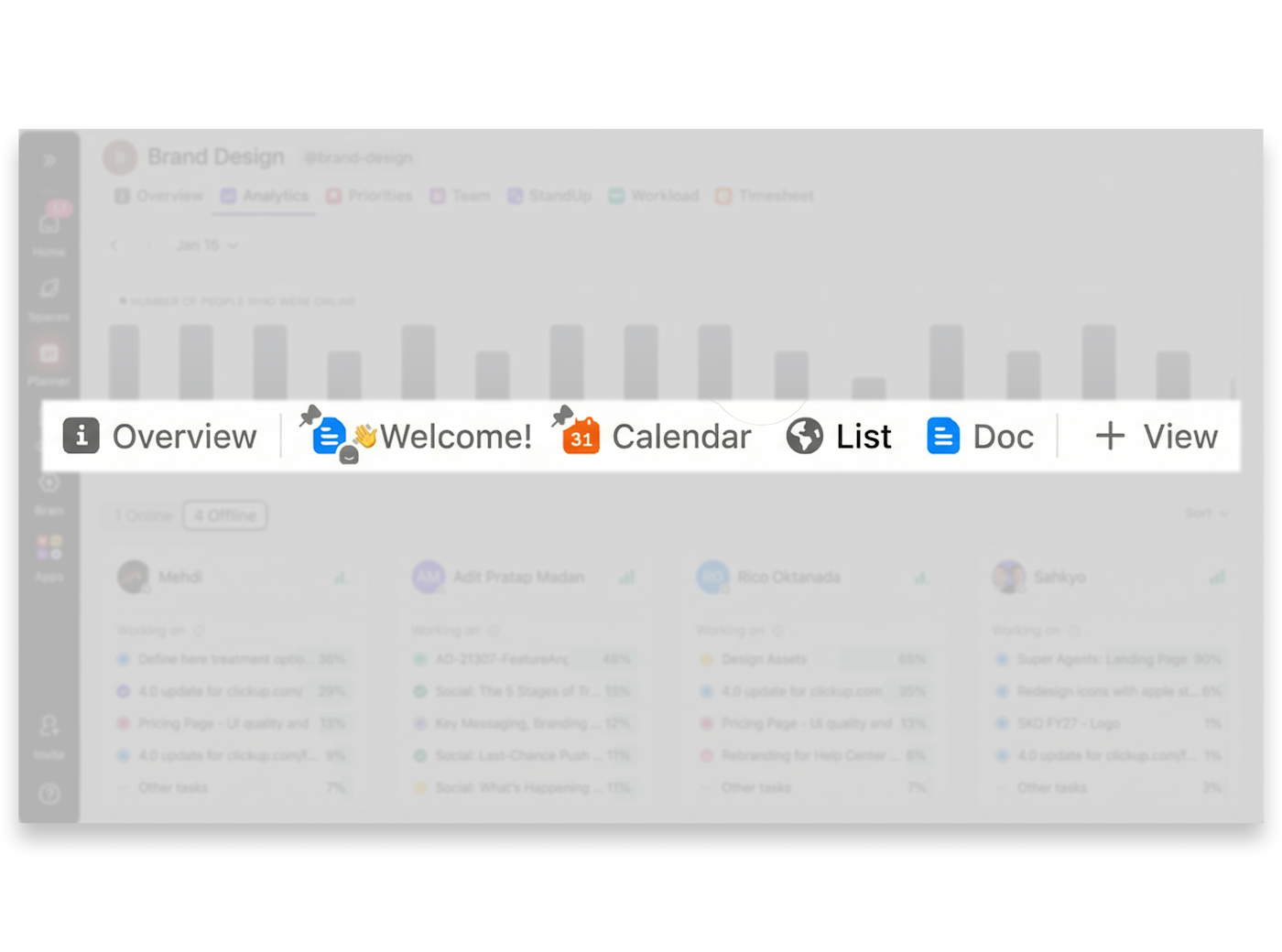 ClickUp multiple views including Overview, Calendar, List and Doc tabs on a project