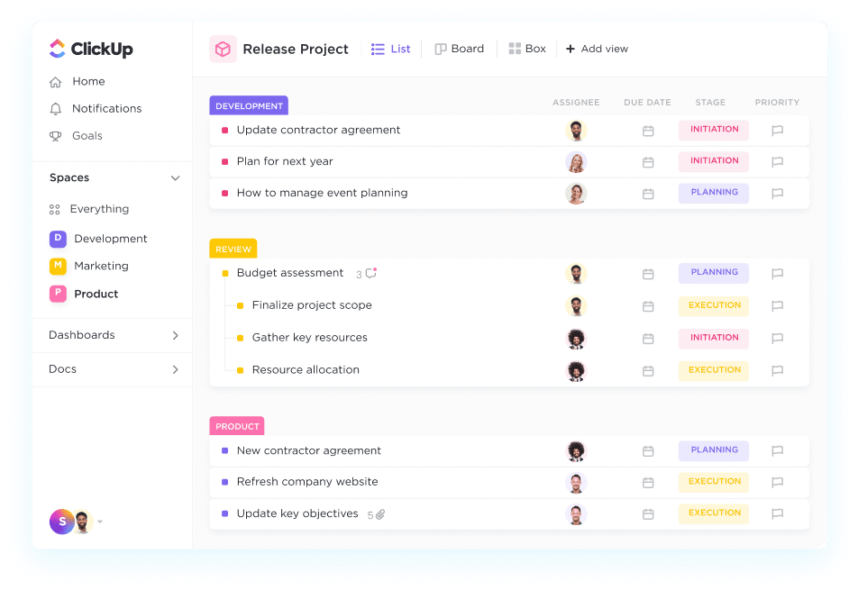 ClickUp Spaces sidebar with Development, Marketing and Product lists