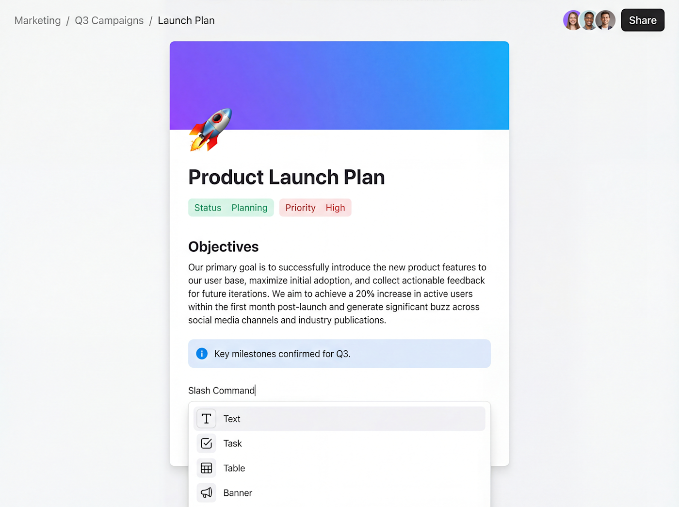 ClickUp Docs editor with a product launch plan and slash command menu