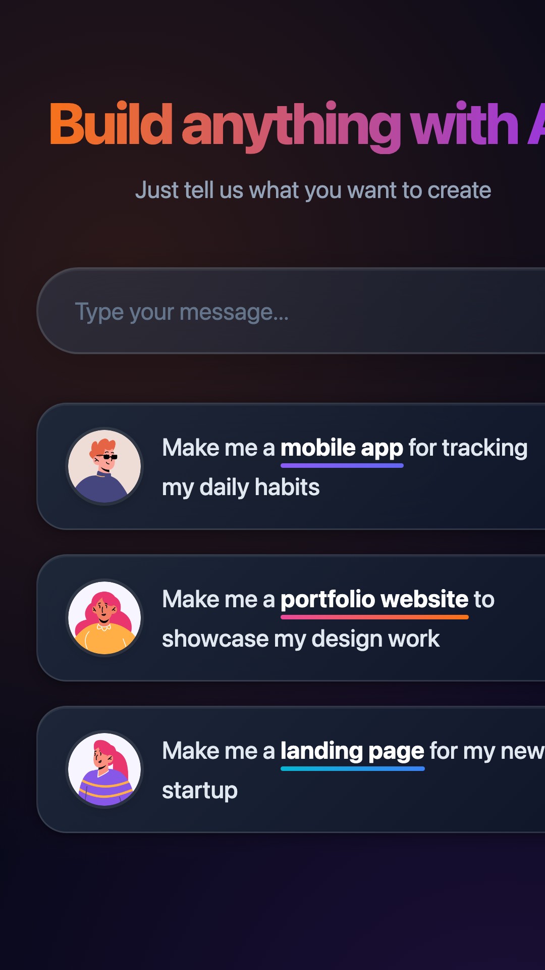 Famous.ai prompt interface showing example app-building requests