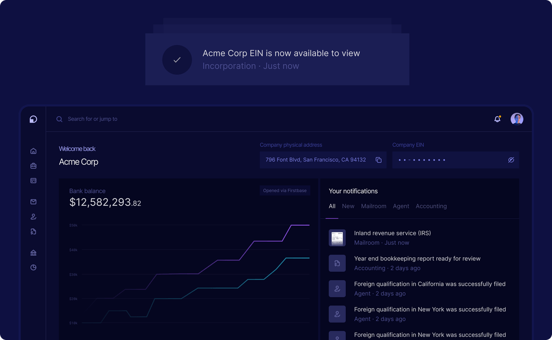 Firstbase dashboard showing company EIN, bank balance, and notifications