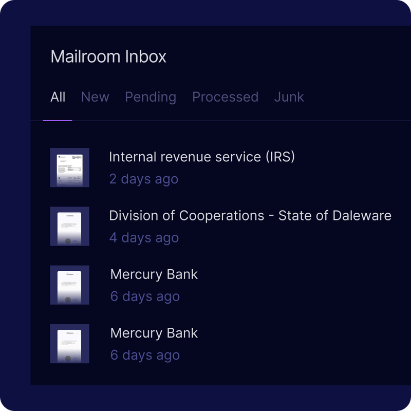 Firstbase Mailroom inbox with scanned US business mail