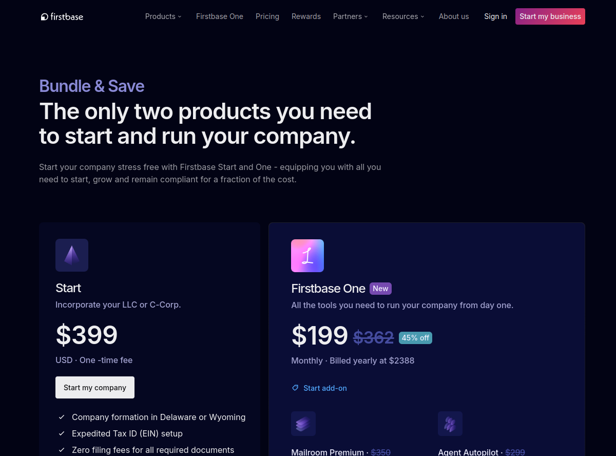 Firstbase pricing page: Firstbase Start at $399 one-time and Firstbase One bundle at $199/month billed yearly