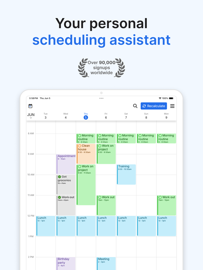 FlowSavvy calendar view with tasks auto-scheduled into open time blocks around fixed events