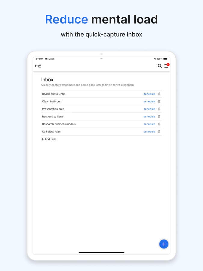 FlowSavvy task list view with priorities and deadlines feeding the auto-scheduler