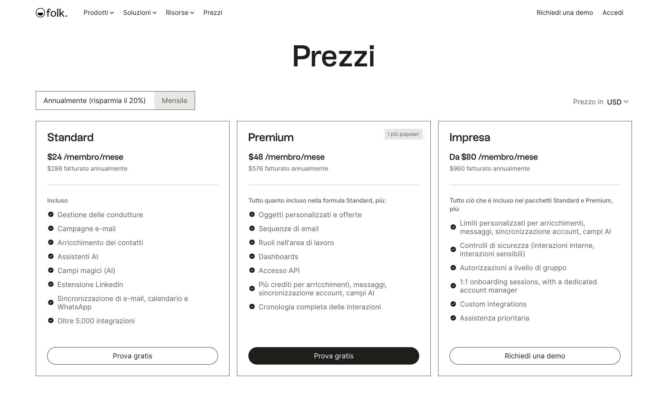 folk CRM pricing plans: Standard, Premium, and Enterprise tiers