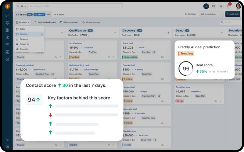 Freshsales contact record with built-in phone and activity timeline