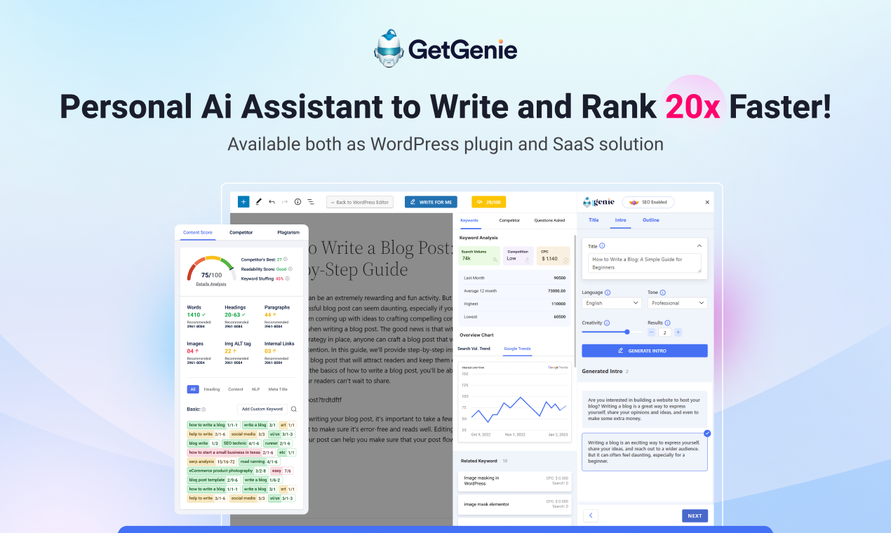 GetGenie sidebar open inside the WordPress editor showing a content score, keyword list and generated intro