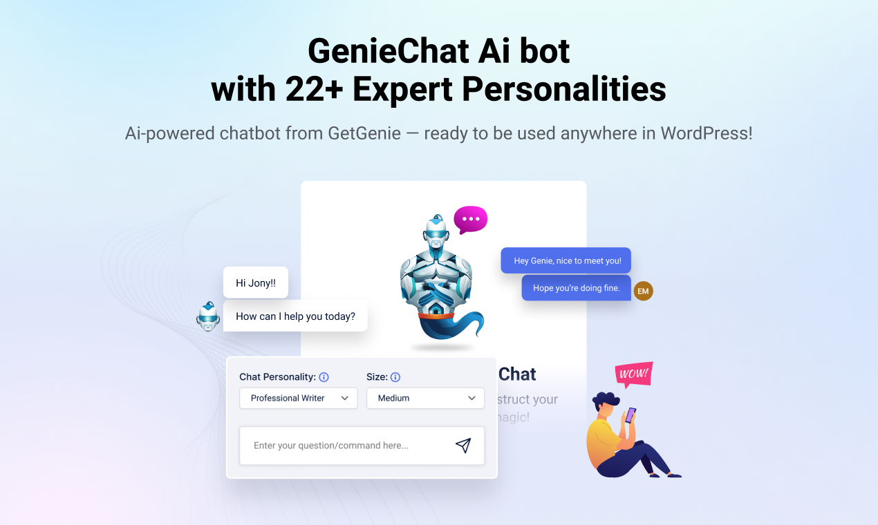 GetGenie writing interface showing tone, language and creativity controls beside a generated draft