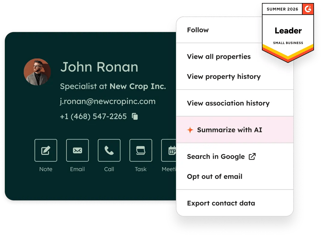 HubSpot contact record showing a customer profile with Note, Email, Call and Task actions plus a Summarize with AI option