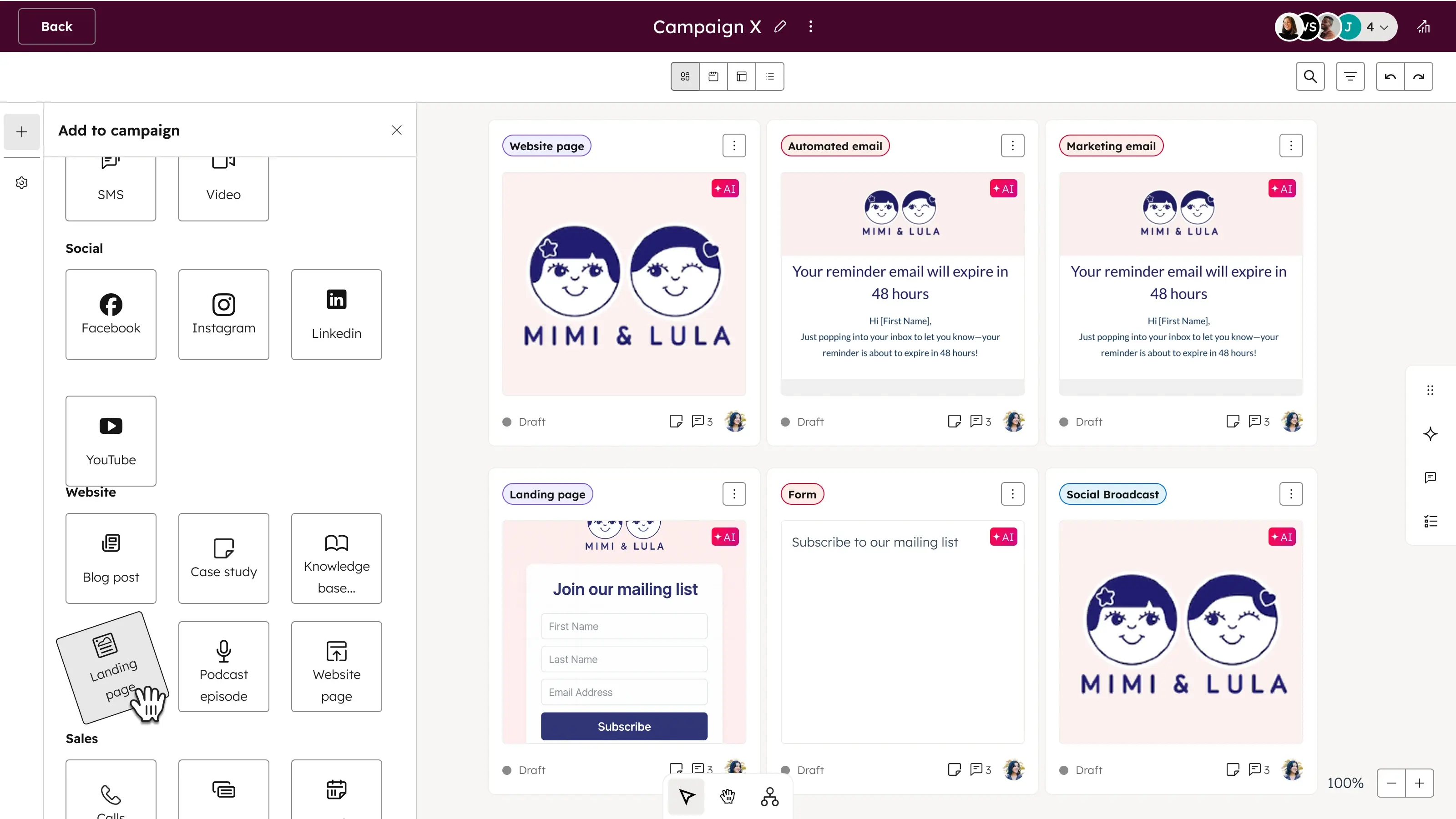 HubSpot Marketing Hub campaign builder with website page, automated email, landing page and social broadcast assets