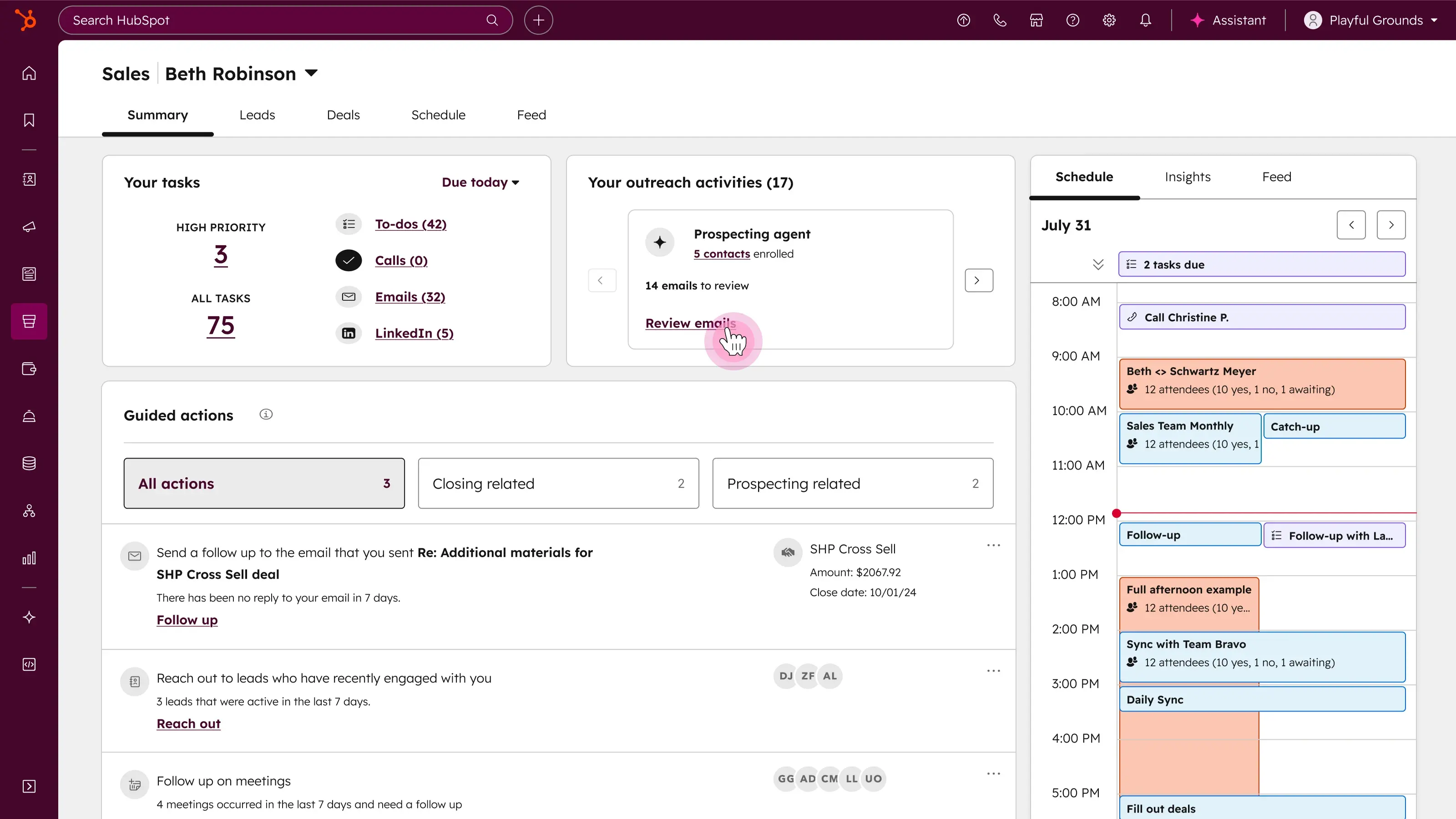 HubSpot sales workspace showing tasks, outreach activities, guided actions and a daily schedule