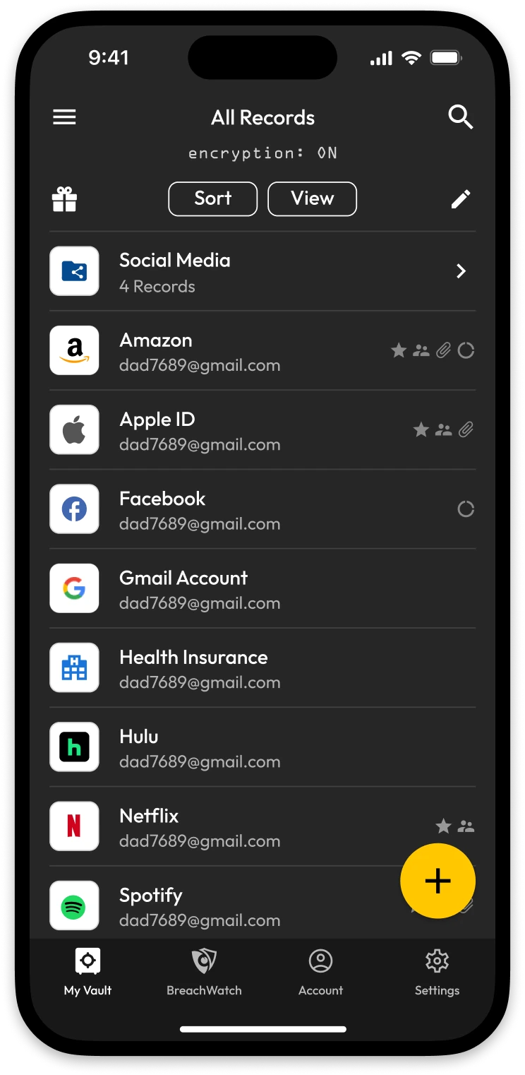 Keeper mobile vault showing saved login records