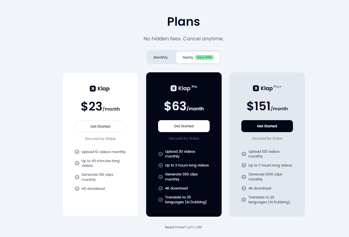 Klap pricing plans overview