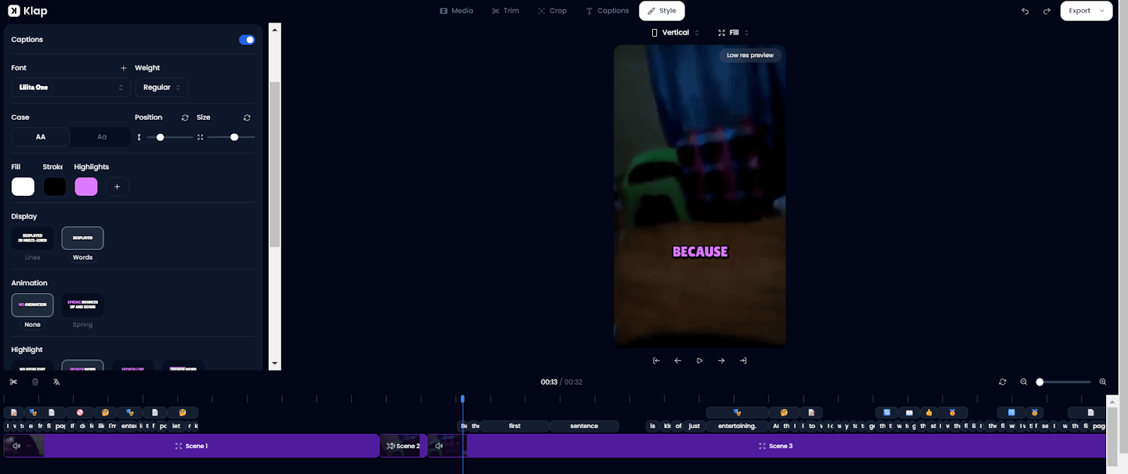 Klap animated auto captions on a short clip