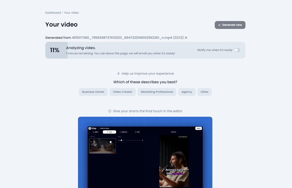 Klap built-in editor and brand kit for short clips