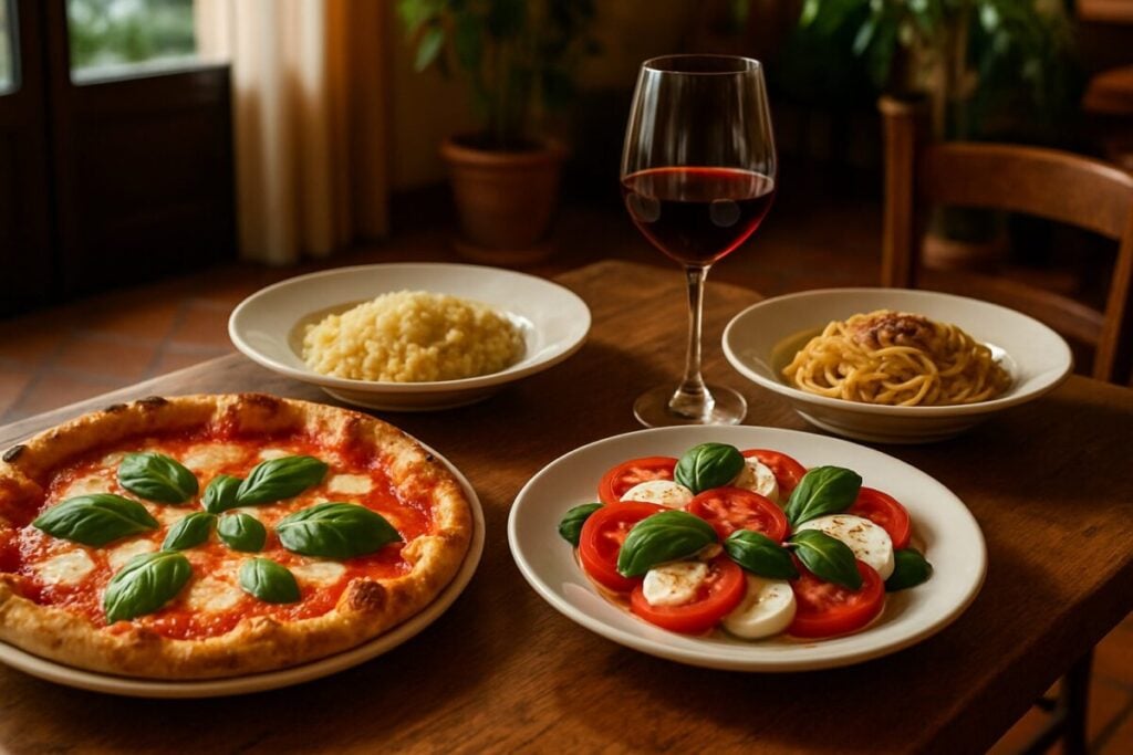 Example of a KoalaImages AI-generated in-content photo: an Italian dinner spread with pizza, pasta and wine