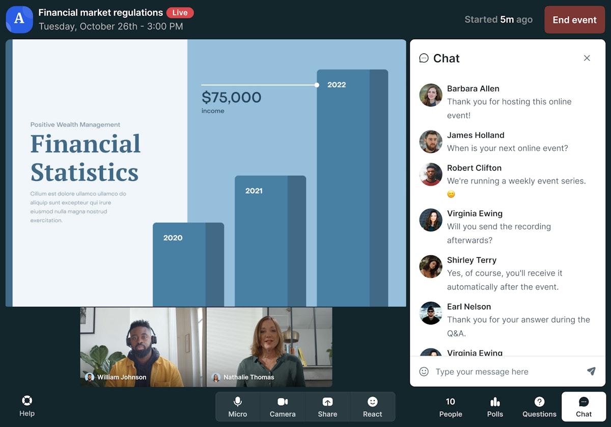 Livestorm session with a slide being screen-shared next to a live attendee chat panel