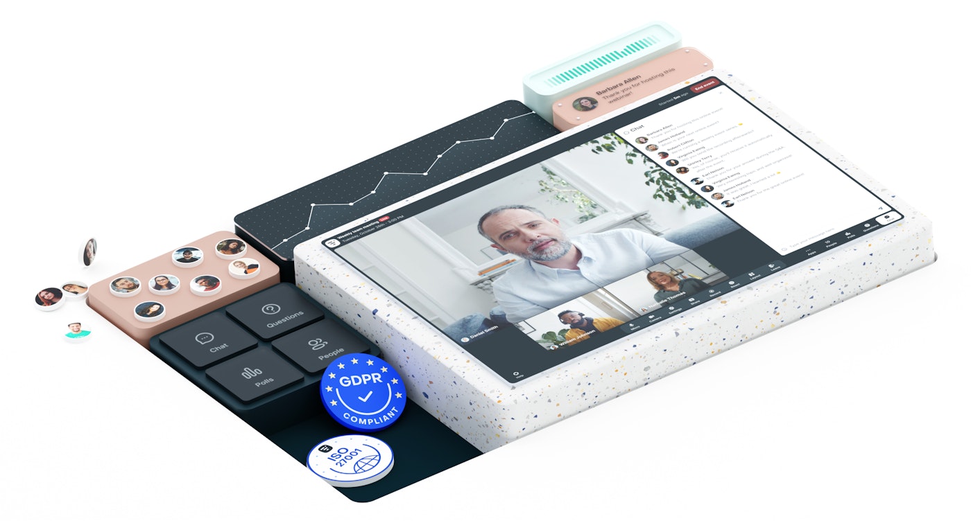 Isometric illustration of Livestorm's chat, polls, questions and analytics modules