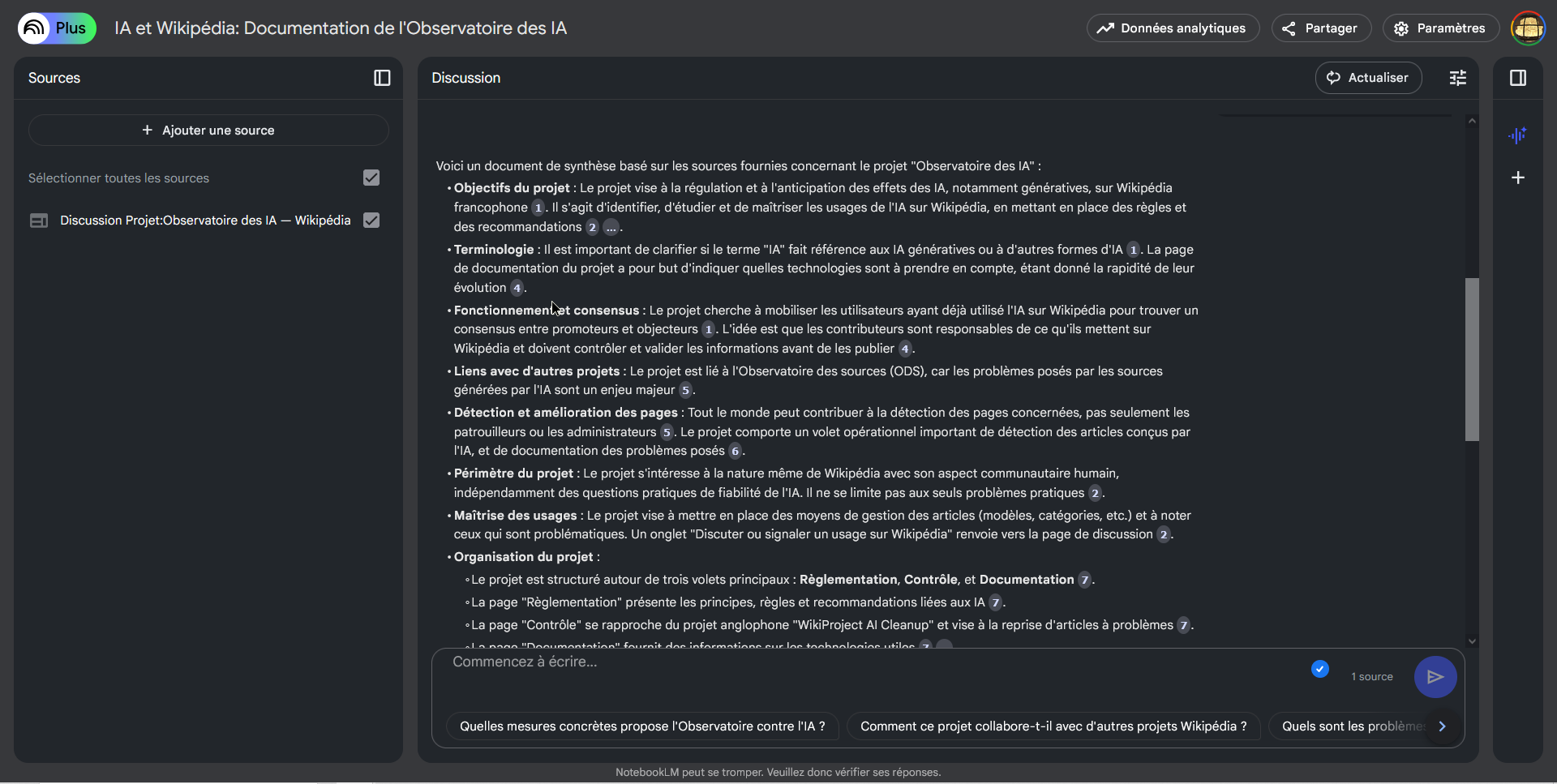 NotebookLM interface showing the sources panel on the left and a cited chat response