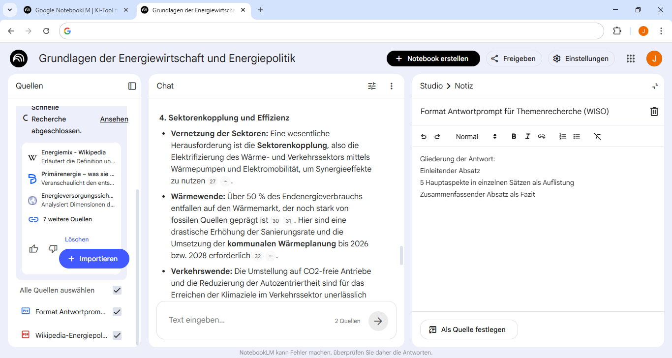 NotebookLM three-panel layout with sources, chat and the Studio notes panel