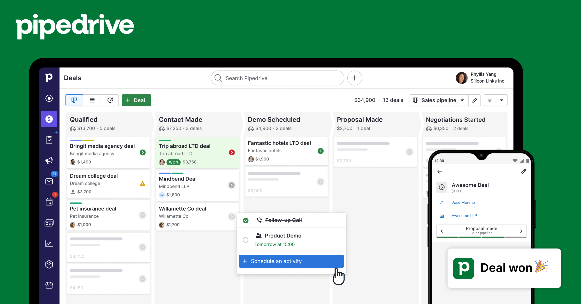 Pipedrive drag-and-drop sales pipeline board with deal cards across stages
