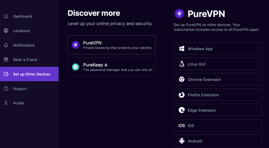 PureVPN functions and interface