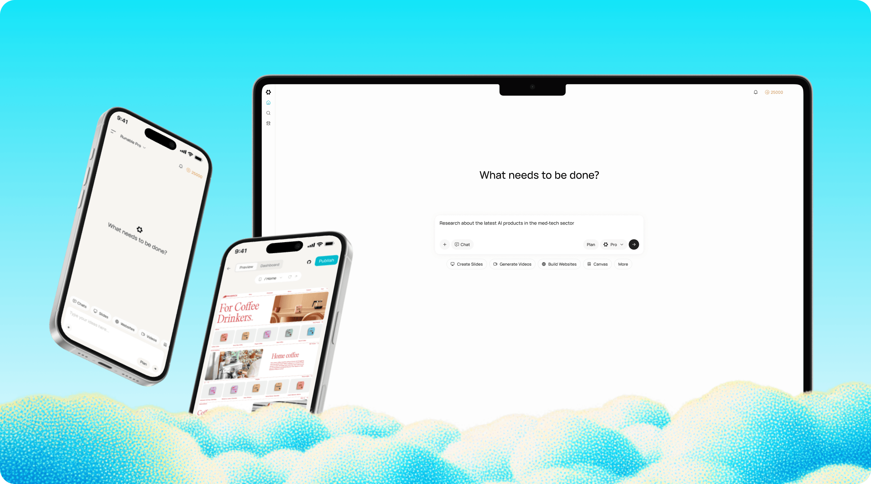 Runable interface showing the What needs to be done prompt box with Create Slides, Generate Videos and Build Websites shortcuts