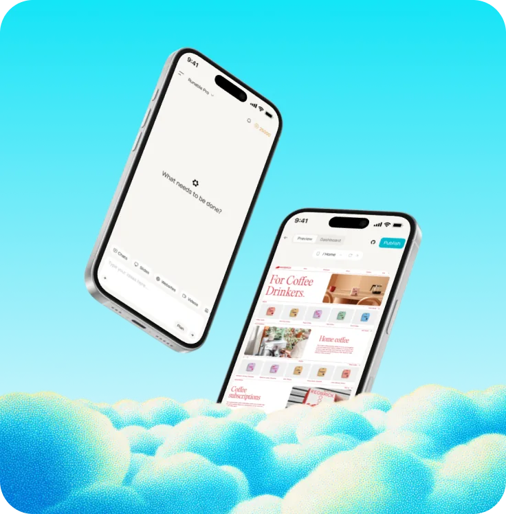 Runable mobile apps on two phones showing the task prompt and a published website preview