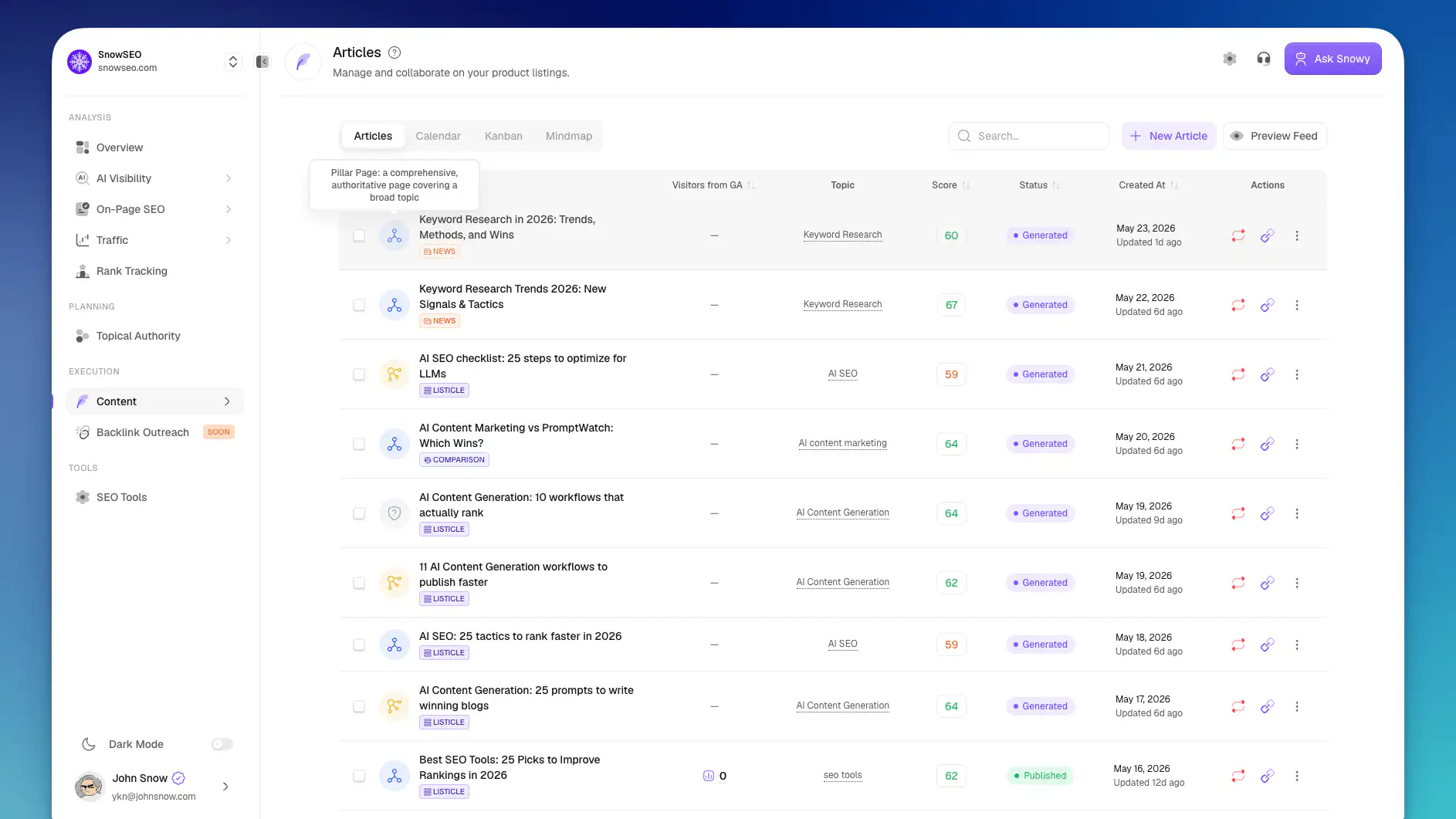 SnowSEO content generation screen drafting an SEO article in a brand voice