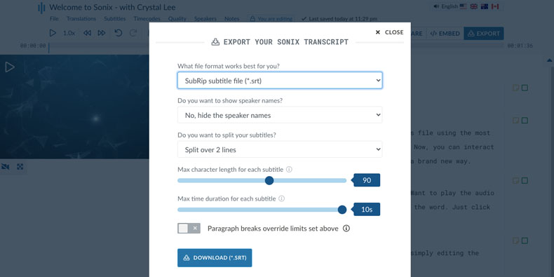 Sonix AI transcription and subtitle export interface