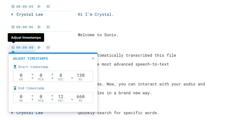 Sonix adjusting subtitle timecodes