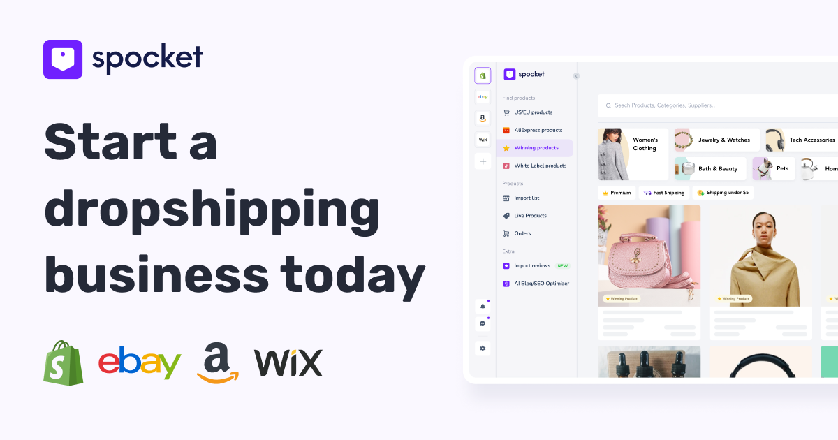 Spocket dropshipping dashboard and product catalog interface