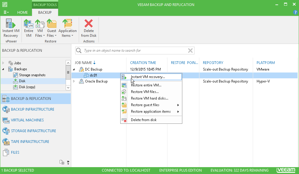 Veeam Backup and Replication console showing protected workloads