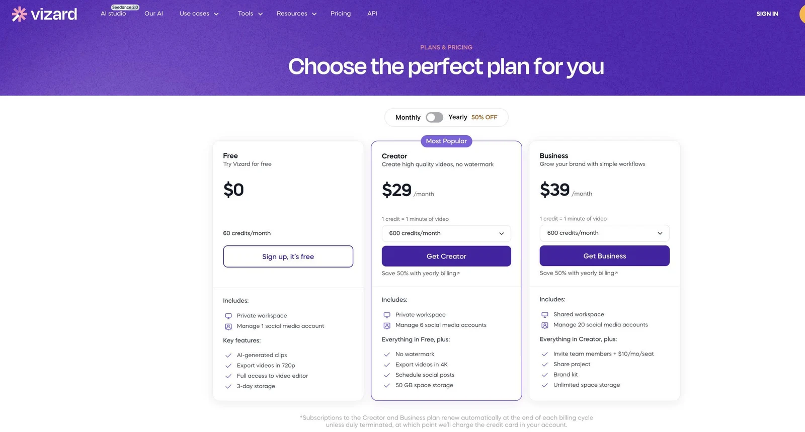 Vizard AI pricing plans