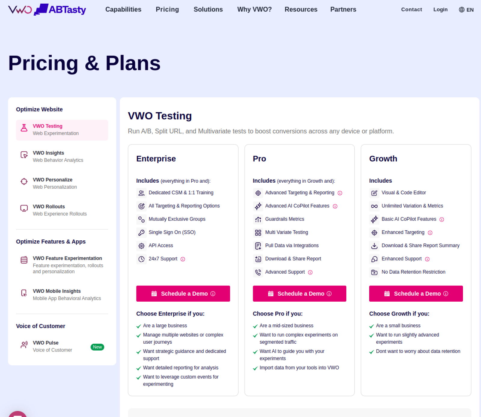 VWO Pricing and Plans page showing Growth, Pro and Enterprise tiers