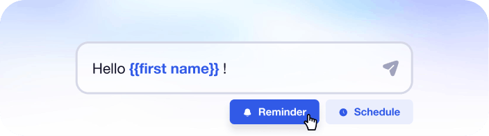 Waalaxy message editor showing a personalization merge tag with reminder and schedule buttons