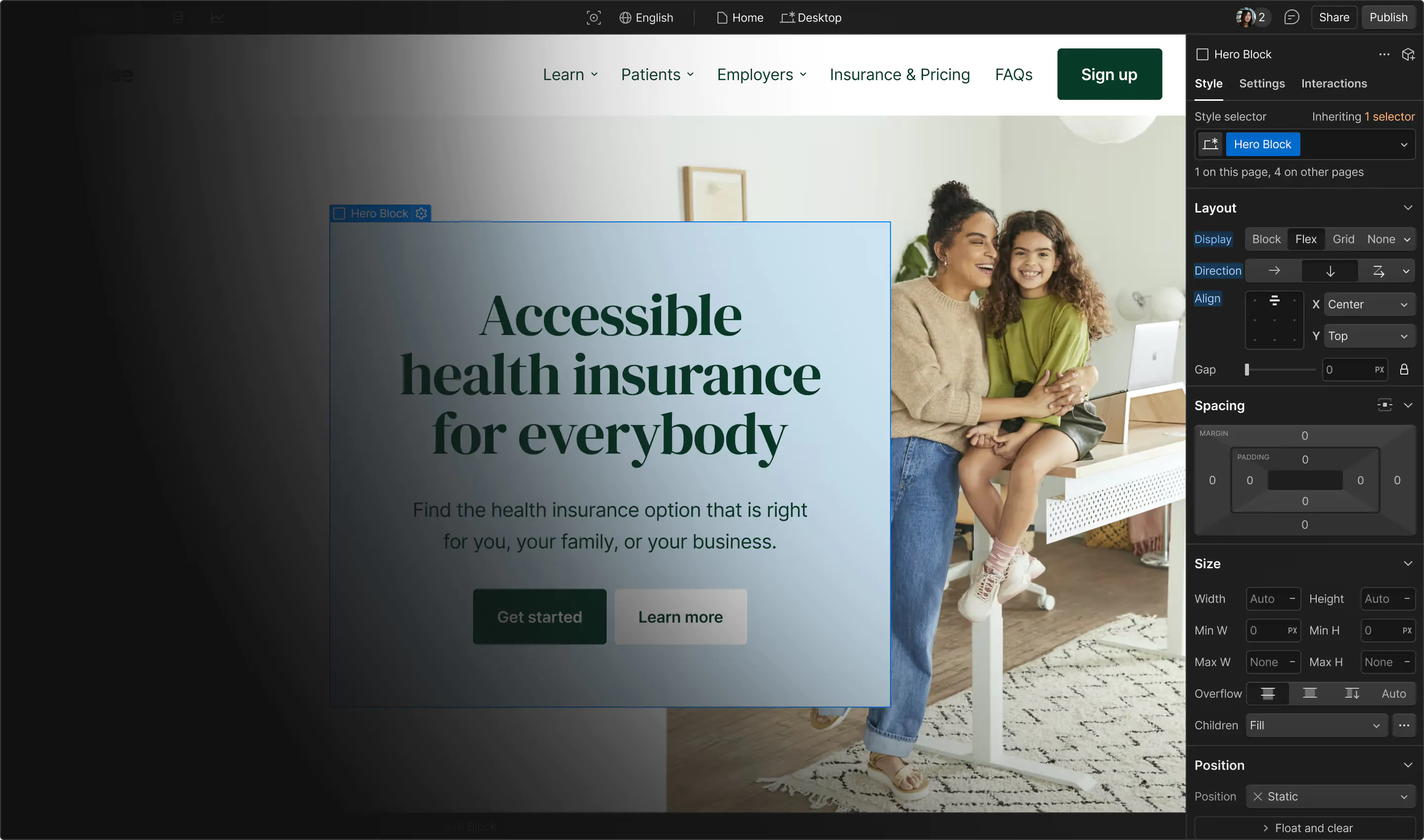 Webflow Designer showing a health insurance landing page on the canvas with the Style panel open on the right