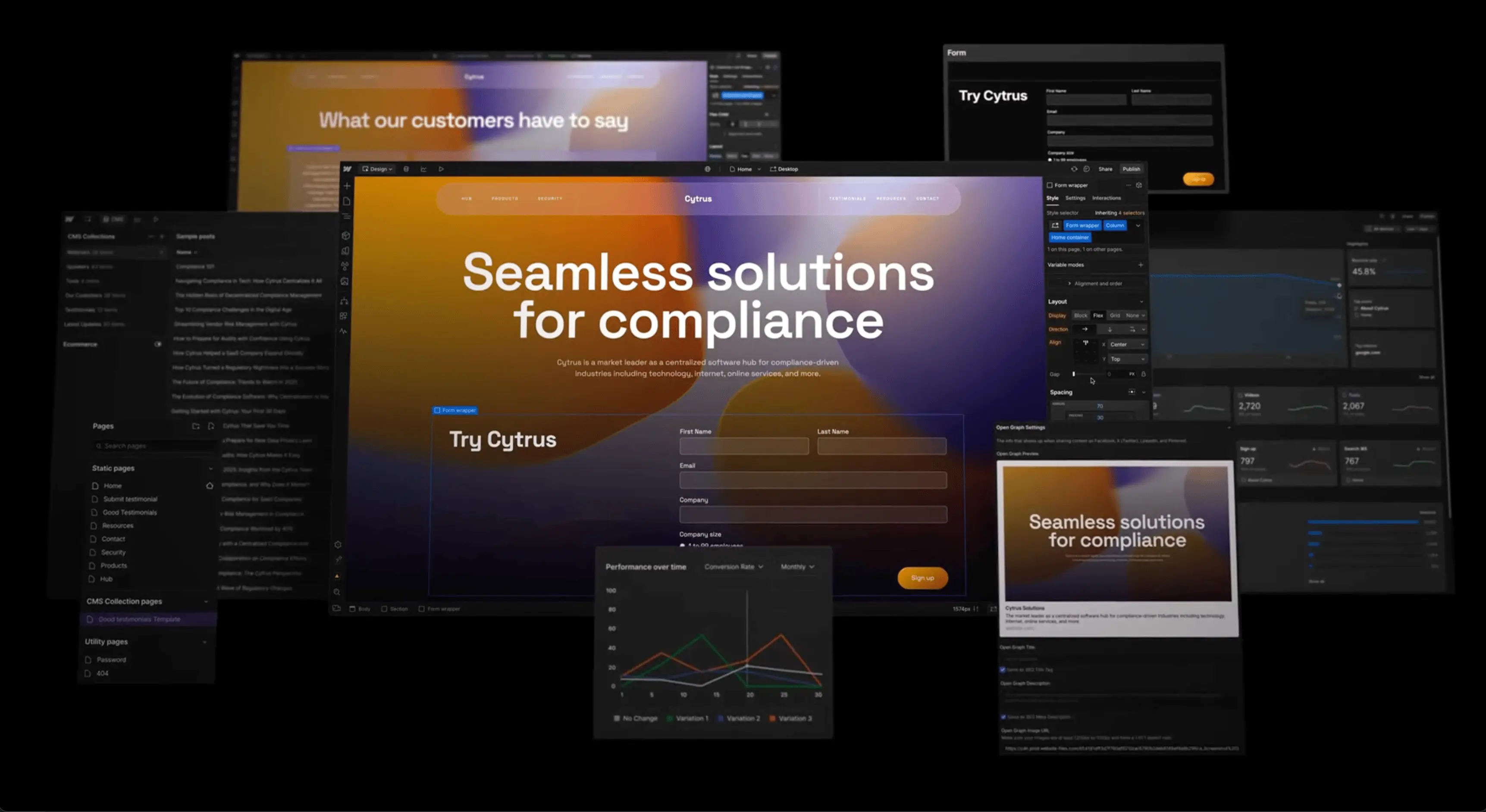 Webflow interface montage showing CMS collections, the Designer canvas, a form builder and an analytics dashboard