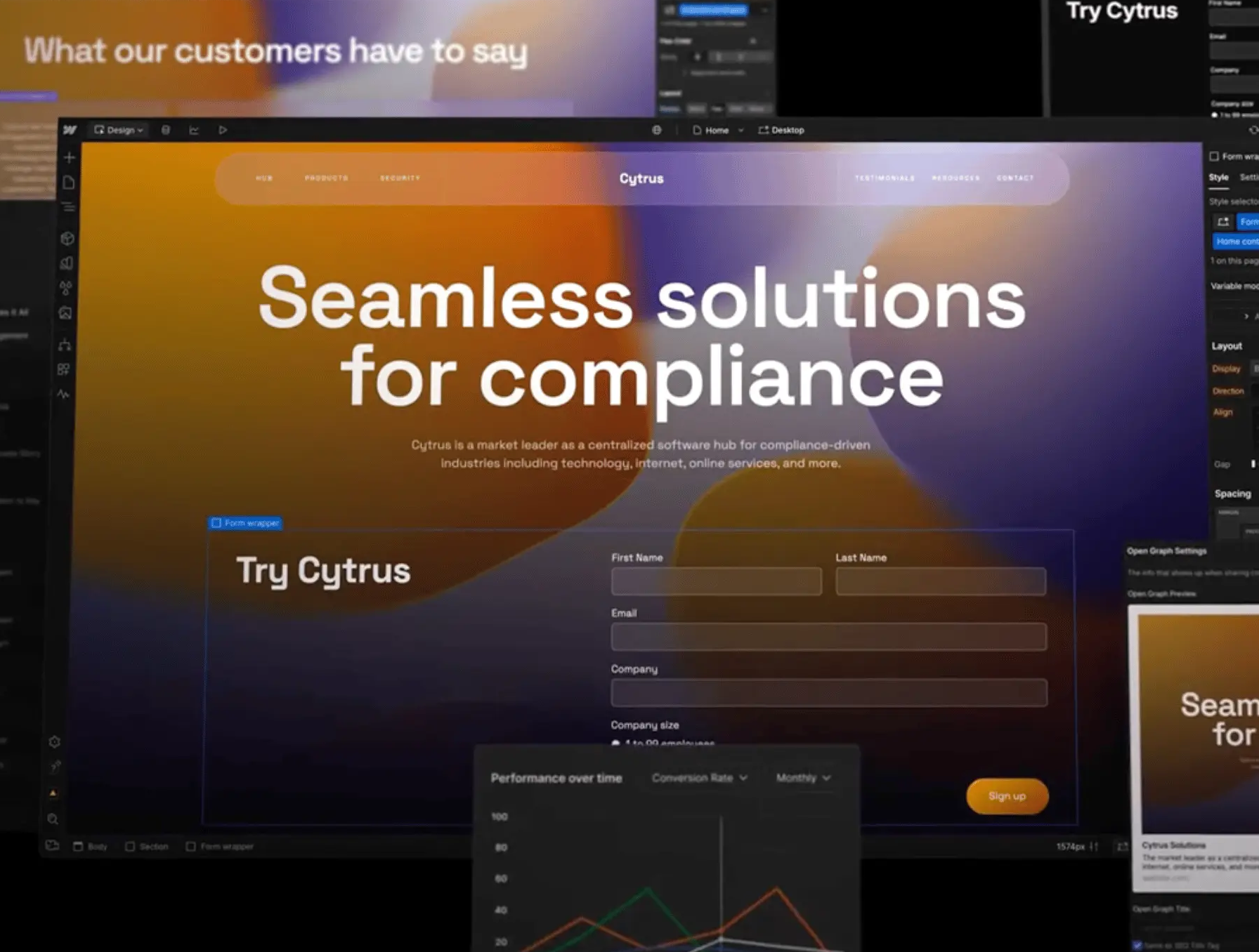 Webflow Designer canvas editing a landing page with a form, showing the visual editor chrome and style panel