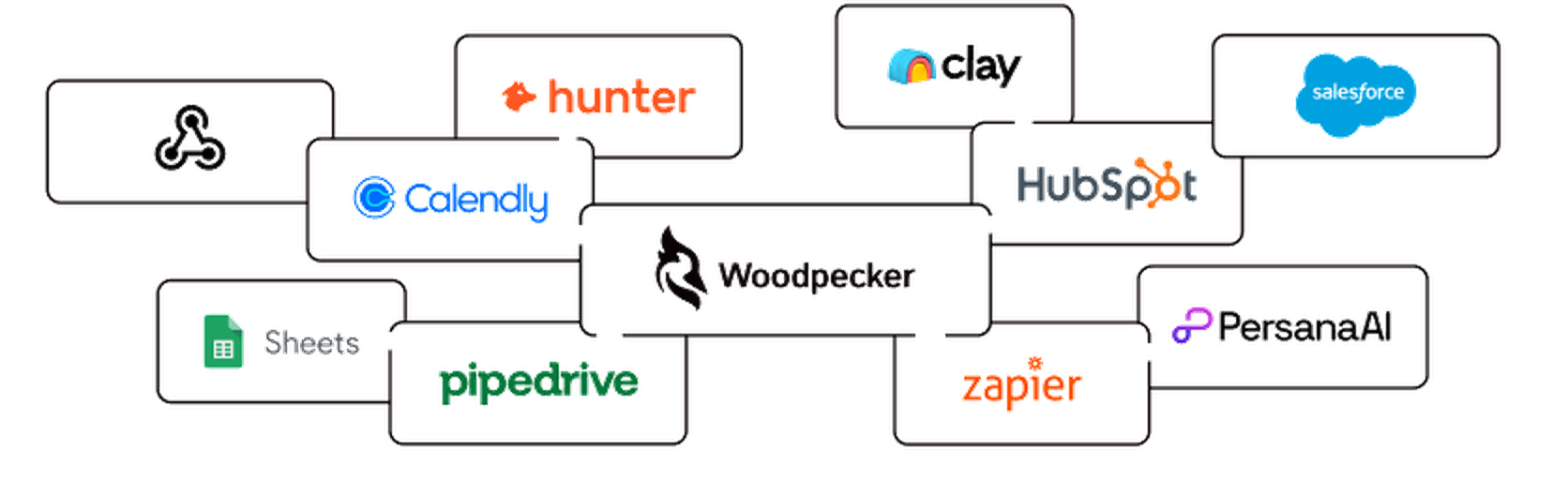 Woodpecker integrations diagram connecting CRMs, API, and webhooks