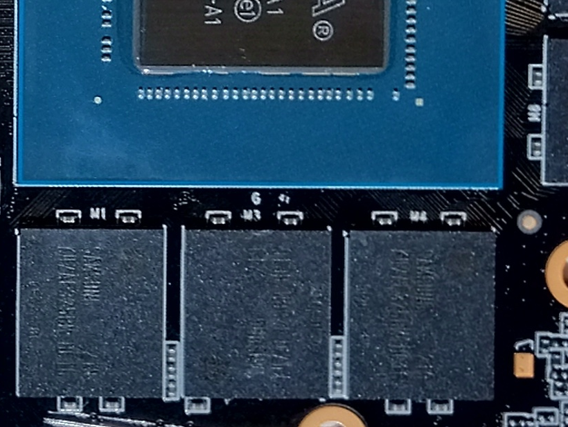 A graphics card PCB showing GDDR6 memory chips arranged around the central GPU die